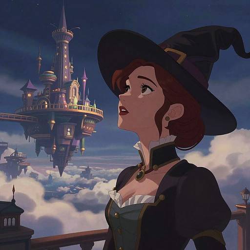 Digital art of a young witch with a black hat, white ruffled blouse, and dark dress, gazing at a magical, floating castle in a