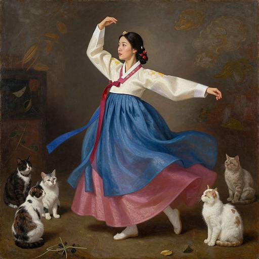 Painting of a Korean woman in traditional hanbok, dancing with arms raised, surrounded by five cats, dark background. Blue and pink skirt,