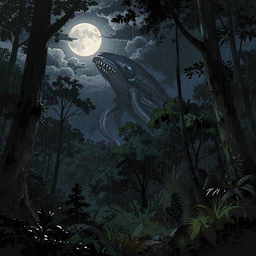Moonlit Rainforest with Giant Kraken