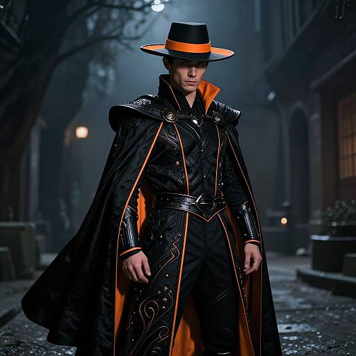 Photograph of a mysterious man in a black, glossy, Victorian-style suit, orange-trimmed cape, and wide-brimmed black hat,