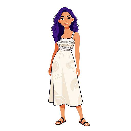 Digital illustration of a smiling woman with long purple hair, wearing a white, sleeveless, knee-length dress and black sandals, standing against a white background