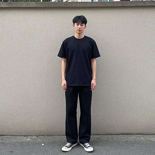 Photograph of an Asian teenage boy with short black hair, wearing a black t-shirt, black pants, and white sneakers, standing against a plain gray
