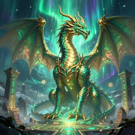 Digital fantasy art of a glowing green dragon with golden accents, large wings, and fiery eyes, standing on an illuminated magical circle under vibrant auroras.
