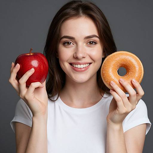 Photograph of a smiling young woman with straight brown hair, wearing a white t-shirt, holding a red apple and a glazed donut against a dark