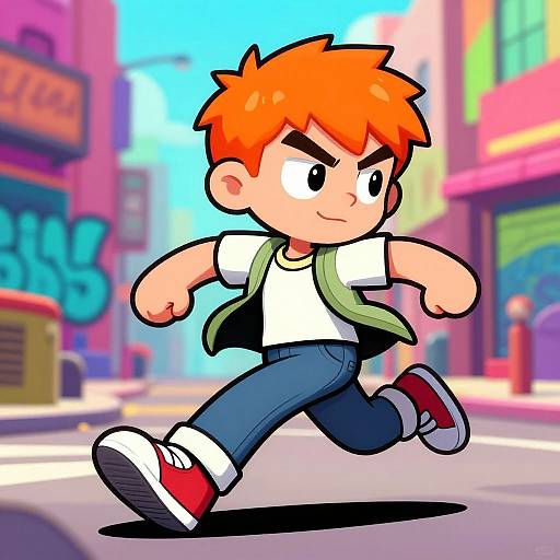 Cartoon-style drawing of a determined orange-haired boy with green backpack, white shirt, blue jeans, red shoes, running through vibrant city street.