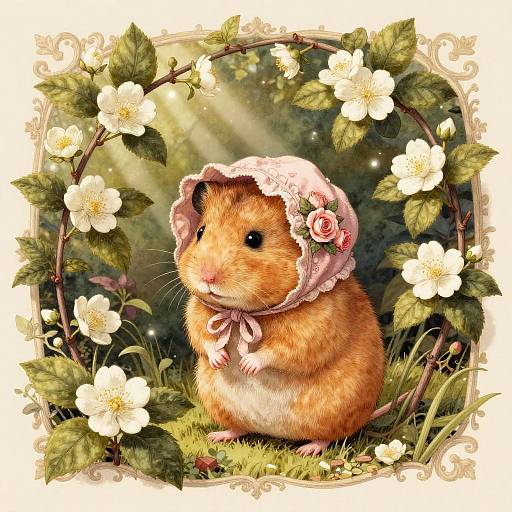 Golden Dormouse in Pink Bonnet Vintage Illustration