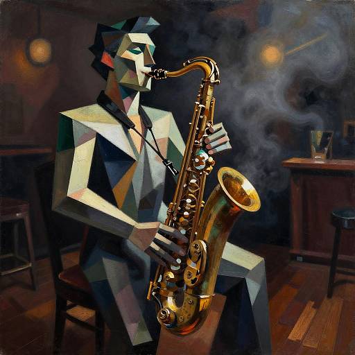 Cubist Jazz Musician in Dim Club