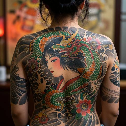 Photograph of a tattooed Asian woman, back view, featuring a vibrant, detailed dragon coiling around a traditional Japanese woman's face, surrounded by