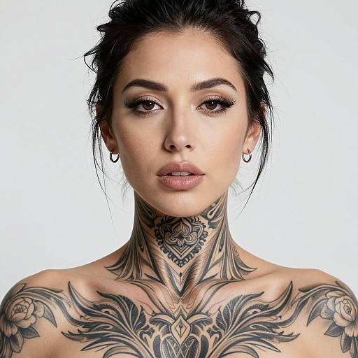 Photograph of a woman with dark hair, brown eyes, and extensive black tribal tattoos on her neck and shoulders, against a white background.