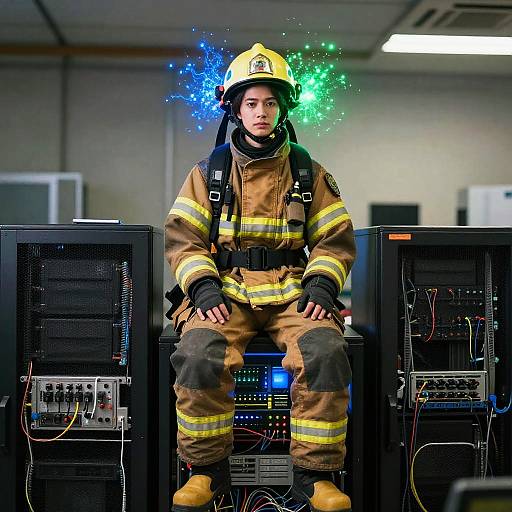 Photograph of a serious-faced young firefighter in yellow helmet and brown uniform, sitting between two black server racks, with blue and green sparks around his head