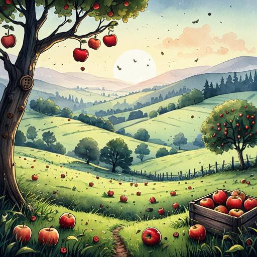 Watercolor Apple Orchard in Rolling Hills