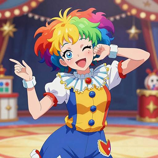 Colorful anime-style drawing of a cheerful clown with rainbow hair, winking, wearing a yellow and blue outfit, white collar, and red buttons,