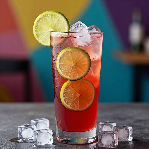 Photograph of a vibrant red cocktail with lime slices, ice cubes, and a lime wedge on a colorful, blurred background.