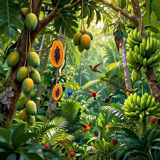 Vibrant digital illustration of a lush tropical forest with hanging green mangoes, papaya slices, bananas, colorful birds, and dense foliage. Sun