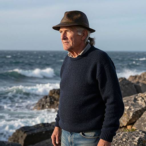 Photograph of elderly man with gray hair, brown fedora, navy sweater, and blue jeans, standing by rocky ocean shore with waves.