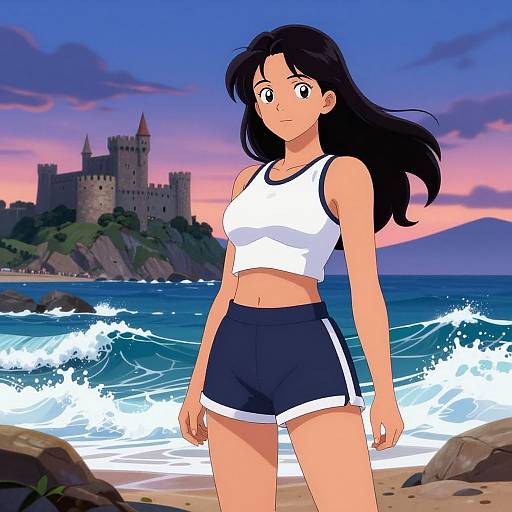 Anime-style digital drawing of a black-haired girl in a white crop top and navy shorts, standing on a beach with waves and a castle in the sunset