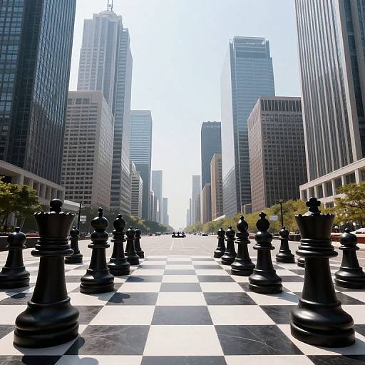 Photograph of a giant black-and-white chessboard in a city street flanked by tall skyscrapers, with large chess pieces scattered on the board