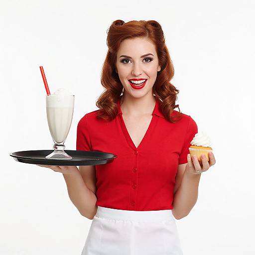 Retro Woman Serving Milkshake and Cupcake