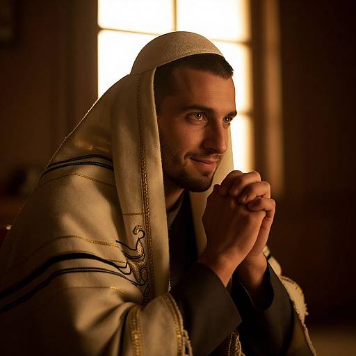 Photograph of a handsome man with olive skin, short dark hair, wearing a beige hooded robe, hands clasped in prayer, illuminated by warm