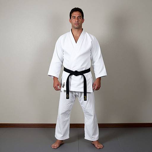 Photograph of a muscular man with short black hair, wearing a white karate gi with a black belt, standing barefoot against a plain white wall