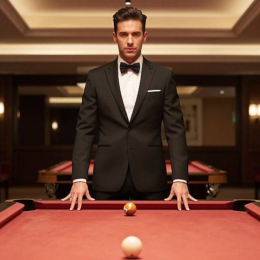 Photograph of a handsome, dark-haired man in a black tuxedo with bow tie, standing at a red pool table, hands on felt,