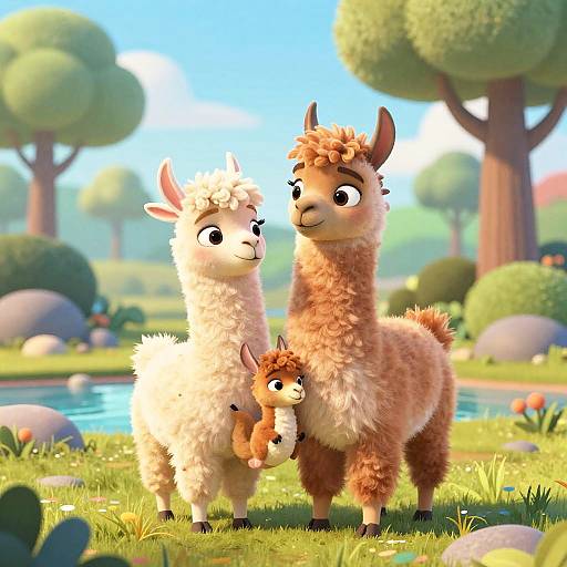CGI cartoon of a fluffy white and brown alpaca family, with a baby alpaca held by the brown parent, in a sunny,