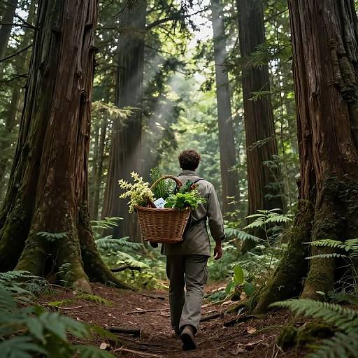 Photograph of a person with curly brown hair, wearing a gray outfit, carrying a basket of flowers, walking through a dense, sunlit redwood