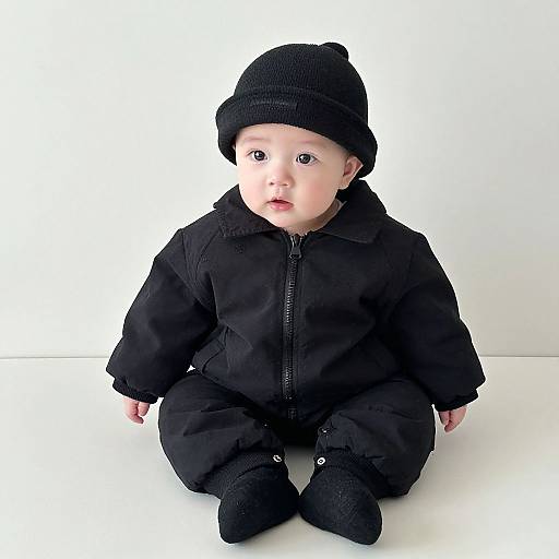 Photograph of a baby with fair skin, large eyes, wearing a black beanie, black jacket, and black pants, sitting on a white surface