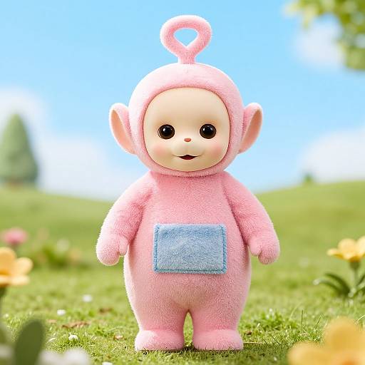 Photograph of a cute, pink, plush monkey costume with a blue square patch, standing on grass with yellow flowers and a blue sky background.