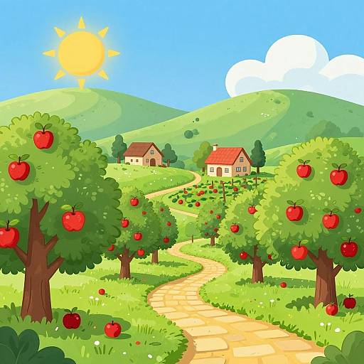 Vibrant Cartoon Apple Orchard Scene