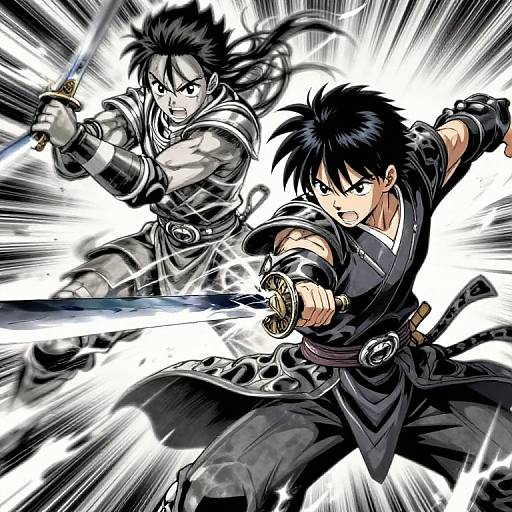 Anime-style digital drawing: two fierce, black-haired warriors with intense expressions, wielding glowing swords, in dynamic action pose against a white, radiating background