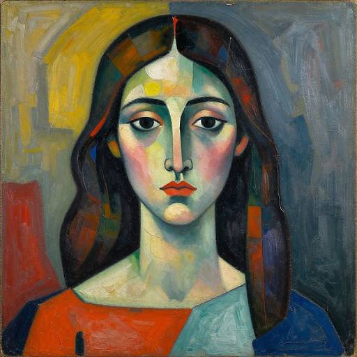 Abstract painting of a solemn-faced woman with pale skin, dark brown hair, red lips, wearing a red and blue top, against a multicolored