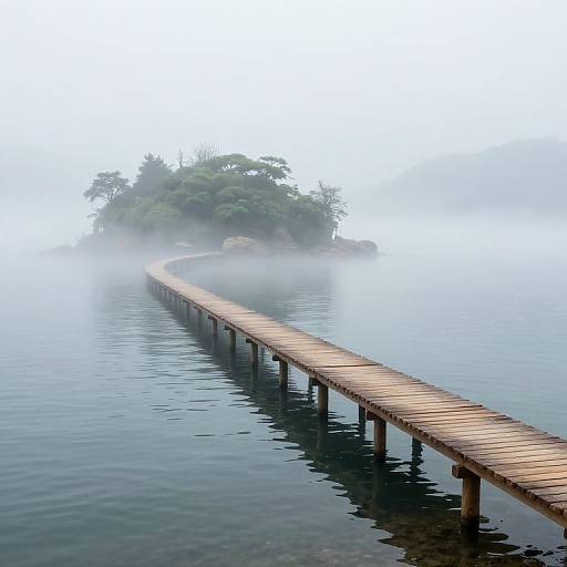 Photograph of a wooden pier extending into a misty, fog-covered lake, leading to a small, green tree-covered island in the distance.