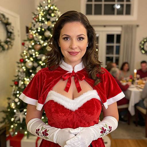 Photograph of a smiling woman with fair skin and dark brown hair, wearing a red velvet Santa dress with white fur trim, white gloves, and red