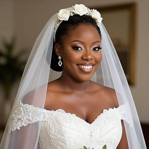 Photograph of a smiling Black bride with dark skin, wearing a white lace off-shoulder wedding dress, floral headpiece, and veil.
