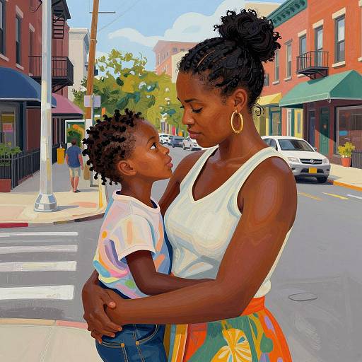 Photorealistic digital art: Black mother with braided hair, gold hoop earrings, and white tank top, hugs son in colorful shirt on sunny urban