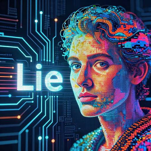 Neon-lit digital portrait of curly-haired woman with intense gaze, vibrant blue and orange hues, 