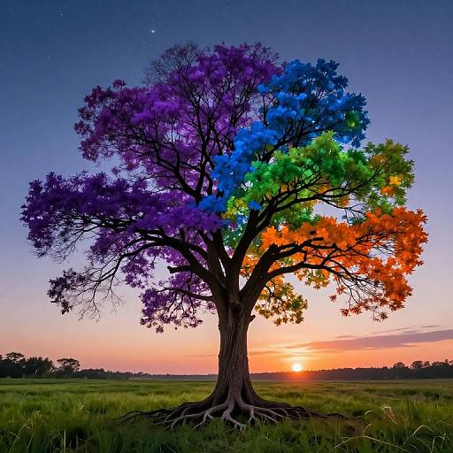 Photograph of a vibrant tree with multicolored leaves (purple, blue, green, yellow, orange) against a sunset sky over a grassy