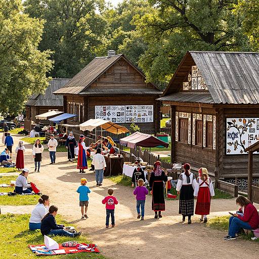 Colorful photograph of a bustling outdoor market in a wooded area, featuring wooden stalls, diverse people in traditional and modern clothing, children playing, and vendors