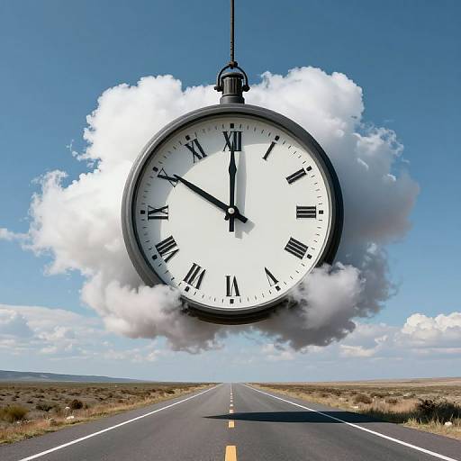 Photograph of a large, floating clock with black Roman numerals, suspended in a white cloud against a clear blue sky, above an empty, straight