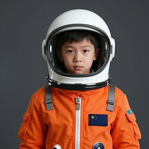 Photograph of an Asian child with short black hair wearing a white space helmet and bright orange astronaut suit against a dark gray background.