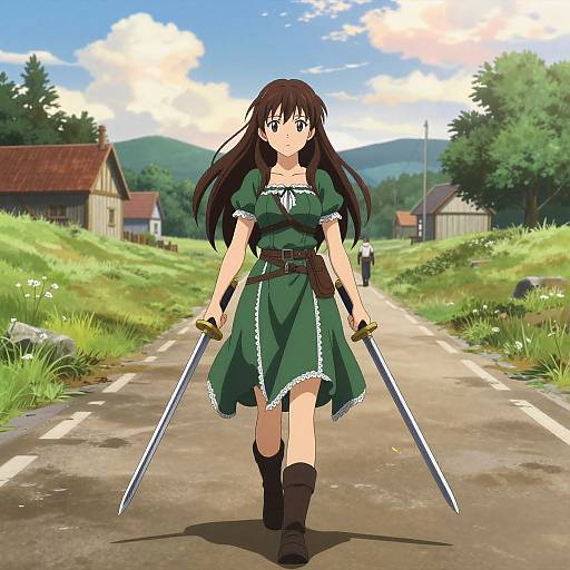 Anime-style drawing of a brown-haired girl in a green dress, holding two swords, walking down a rural road with houses and trees in the background.