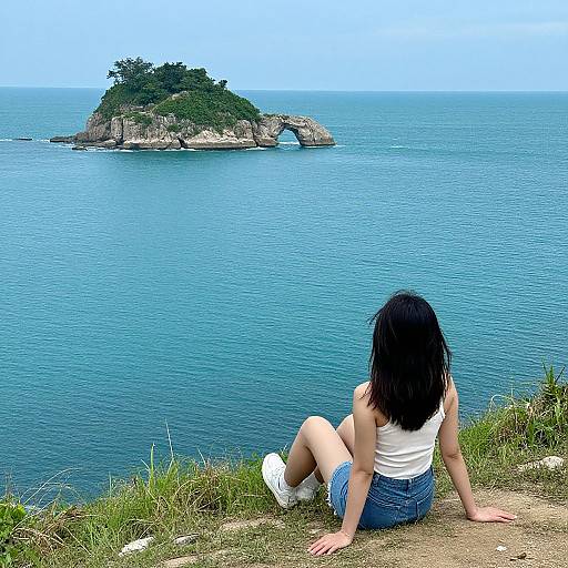 Photograph of a woman with black hair, white tank top, and denim shorts, sitting on a grassy cliff, overlooking a blue ocean and small