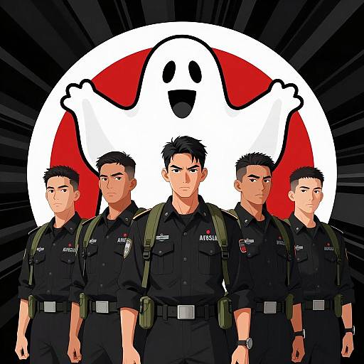 Military Men and Cartoon Ghost Illustration