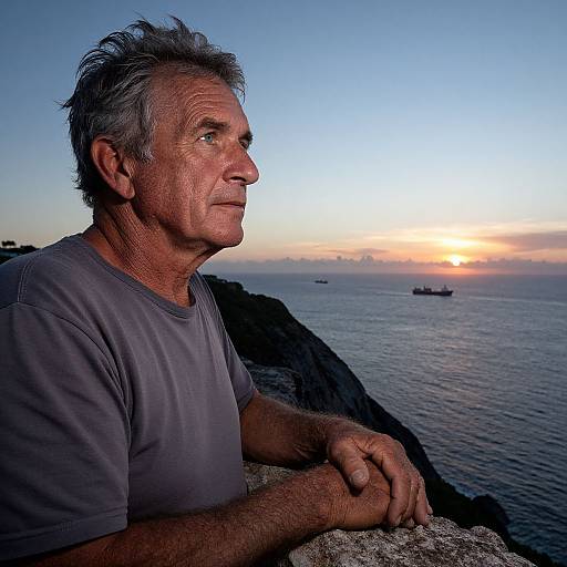 Photograph of an elderly man with gray hair, wearing a gray t-shirt, gazing at a sunset over a calm ocean, with ships in the