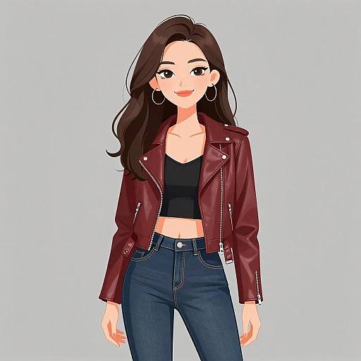 Digital illustration of a smiling woman with long brown hair, wearing a red leather jacket, black crop top, and blue jeans. She has hoop earrings and