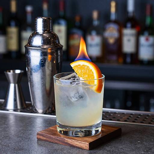 Photograph of a cocktail with a floating orange slice, ice, and a blue flame, on a wooden block, beside a silver shaker, in