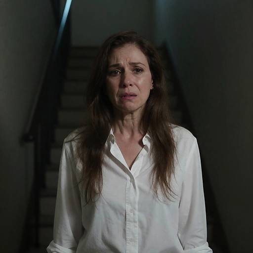 Distressed Woman in Dimly Lit Hallway