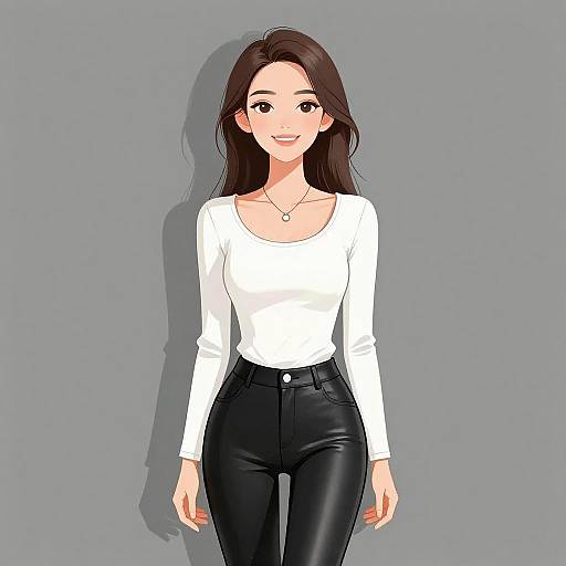 Digital anime-style illustration of a smiling woman with long brown hair, wearing a white long-sleeve top and black leather pants, against a plain gray