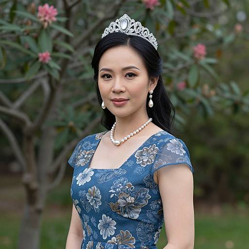 Photograph of an Asian woman with long black hair, wearing a silver tiara, blue floral dress, pearl necklace, and earrings, standing outdoors with
